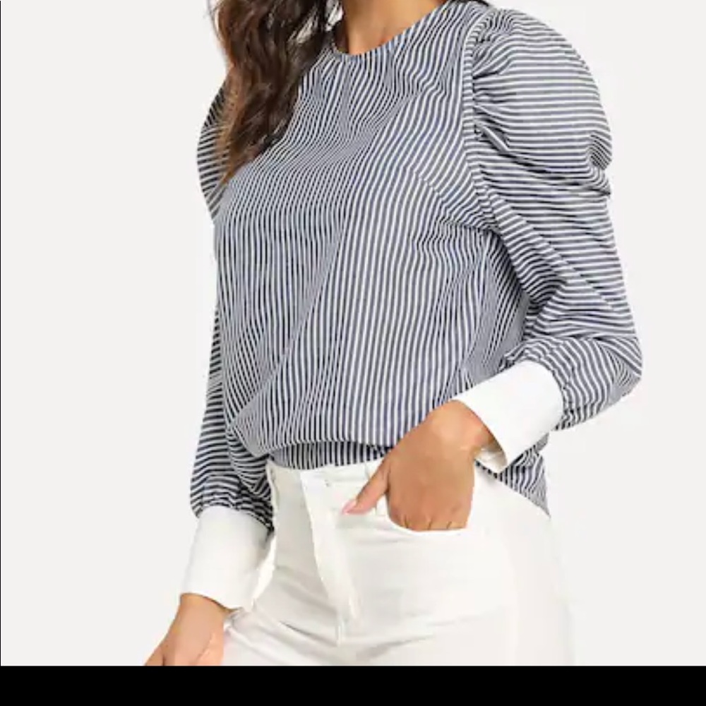 Blue and White Vertical Stripe Puff Sleeve Blouse - Picture 3 of 4